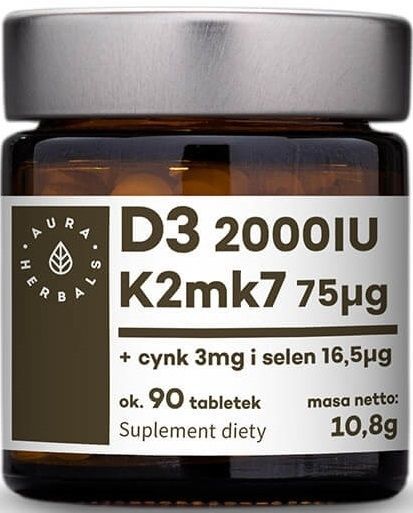 Aura Herbals Witamina D3+K2mk7+Cynk+Selen x 90 tabl + Cynk organiczny (10 mg) + witamina D3 + selen x 36 pastylek do ssania GRATIS!!!