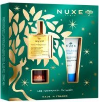 Nuxe Huile Prodigieuse promocyjny zestaw - wielofunkcyjny suchy olejek do twarzy, ciała i włosów 50 ml + balsam do ust 15 g + krem nawilżający do cery normalnej 30 ml